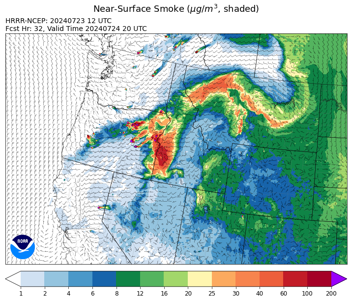 By Wednesday afternoon, the HRRR smoke model shows a trough bringing smoke from Oregon, Washinton, and Idaho into the state.